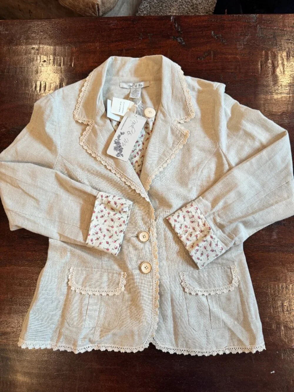 Anthropologie (Nick & Mo) Beige Linen Blend Crochet Trim Blazer - M NWT - Picture 3 of 16